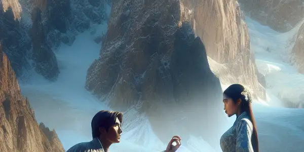 A soldier confronts a mysterious figure in the snowy Tian Shan mountains, evoking tension and patriotism.