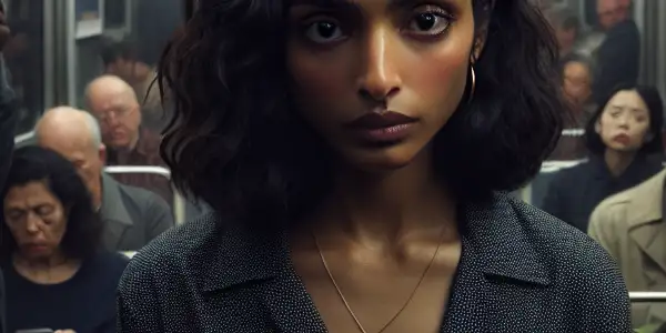 A crowded train scene capturing tension and intrigue among diverse passengers, highlighting complex emotions and societal themes.