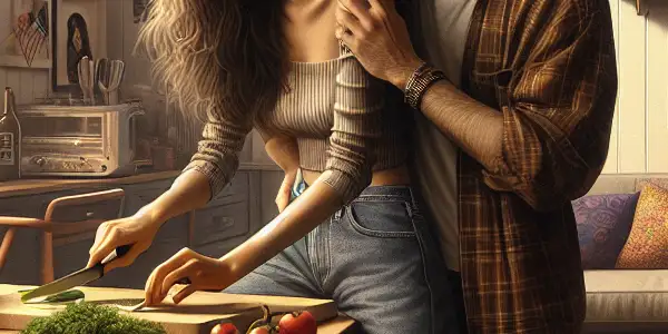 A cozy apartment scene of a couple joyfully preparing dinner together, embodying love and intimacy.