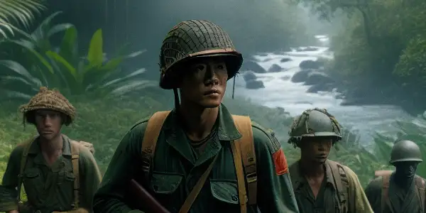 A determined Chinese reconnaissance soldier leads a team through misty forests, preparing to infiltrate enemy lines near a river.