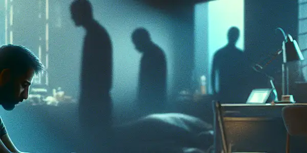 A solitary man in a dimly lit apartment, embodying emotional turmoil and vulnerability, surrounded by symbolic shadows.