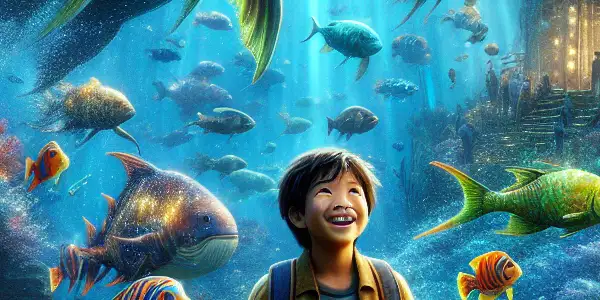 A young boy explores a magical underwater world filled with colorful fish, coral reefs, and ancient ruins.