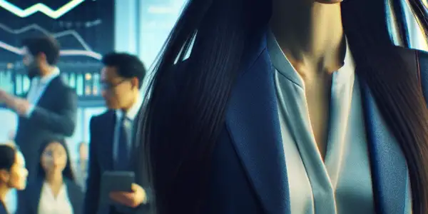 A determined young woman navigates a bustling office, surrounded by diverse colleagues, embodying ambition and career progression.