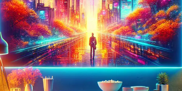 A cozy living room with a large screen showing a sci-fi movie, popcorn, and movie posters.