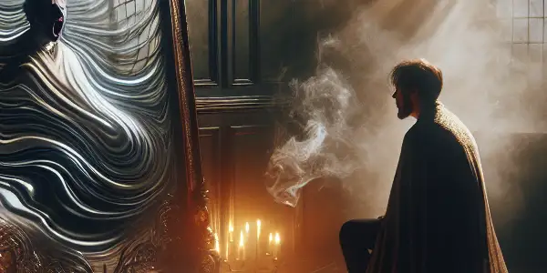 A dimly lit room features an ornate mirror reflecting a distorted figure, evoking themes of duality and inner conflict.