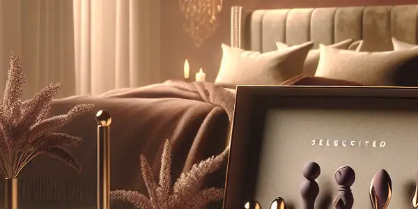 A stylish bedroom scene featuring a luxurious adult playset, romantic elements, and an opened subscription box of rewards.