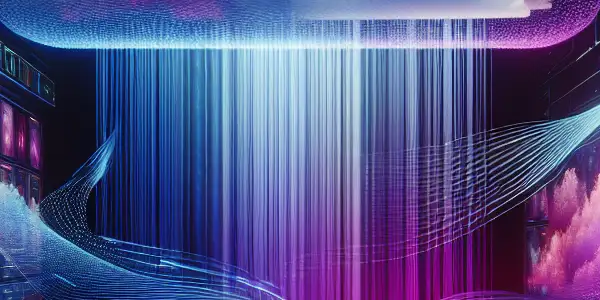 A futuristic digital landscape symbolizing cloud-based adult entertainment with glowing clouds, floating screens, and diverse users interacting.