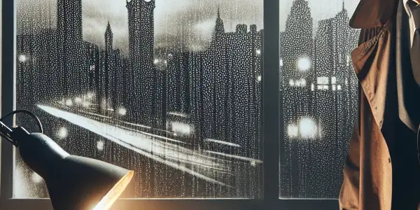 A moody detective's office with a brooding detective examining a clue under a lamp, rain-specked window view.