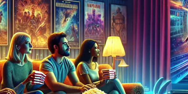 A cozy home theater scene with diverse movie lovers enjoying a sci-fi film and sharing popcorn.