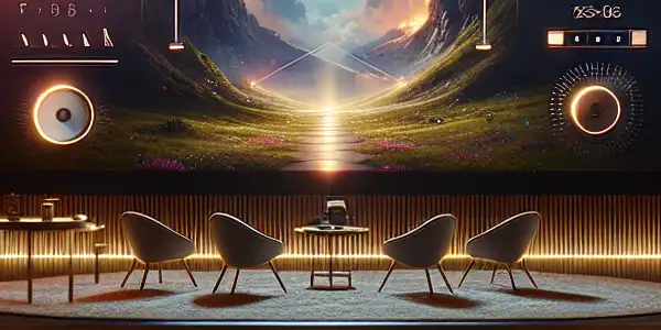 A luxurious modern home theater with plush seating, a large screen, and advanced technology elements.