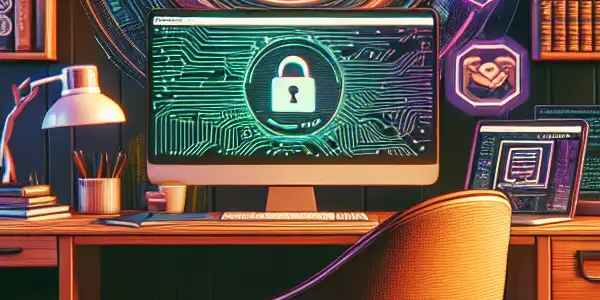 A cozy study room with a computer displaying a secure adult content platform, adorned with plants and cybersecurity elements.