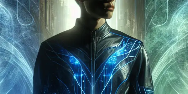 A young Asian male stands at a crossroads, blending technology and reality amid shadowy figures in a digital cityscape.