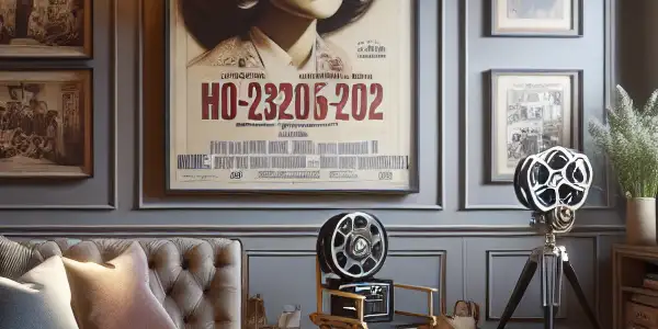 A cozy living room designed for film watching, featuring a large TV, plush sofas, and vintage movie memorabilia.