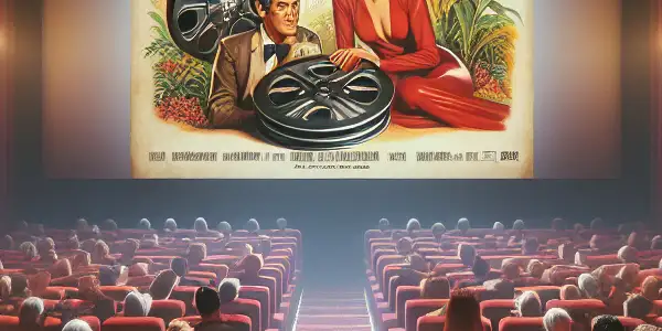 A vintage cinema scene featuring diverse adults enjoying classic adult films with retro decor and modern technology.
