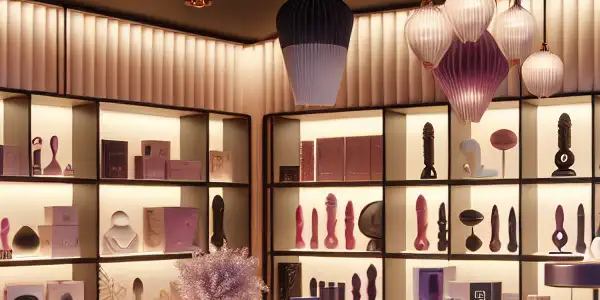A modern, luxurious adult toy shop interior with sleek design, organized shelves, and a warm, inviting atmosphere.