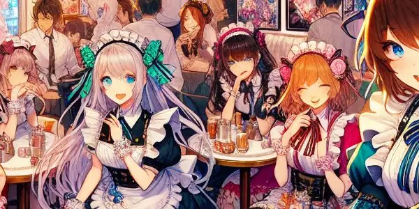 A lively Akihabara cafe filled with female maids in traditional costumes engaging with customers amidst colorful anime decor.