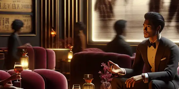 A stylish couple engages in a passionate conversation in a dimly lit urban lounge with cinematic decor.