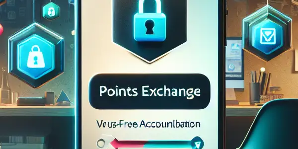 A modern smartphone app interface for a virus-free points exchange guide in a cozy tech-savvy home office.