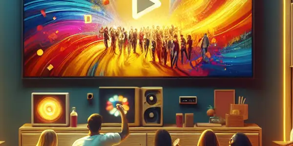 A cozy living room filled with friends enjoying a movie night, complete with plush couches and popcorn.