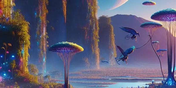 A vibrant scene on Pandora featuring Na'vi interacting with bioluminescent plants, floating mountains, and exotic wildlife.