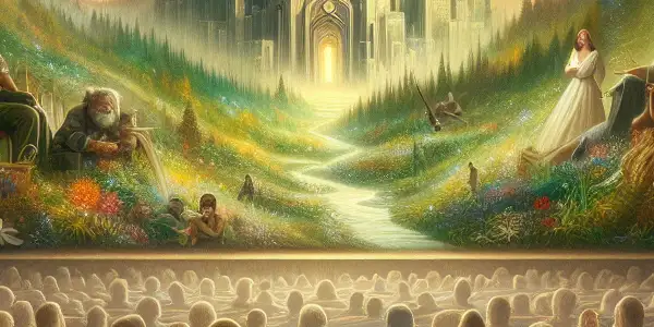 A cozy vintage cinema filled with a diverse audience captivated by a classic film featuring a mystical landscape and a soaring bird.