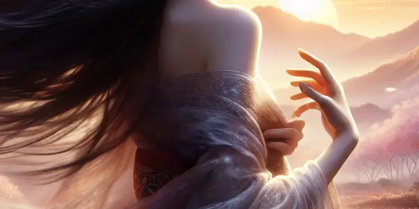 A romantic film poster featuring an ethereal woman in a flowing dress amidst cherry blossoms and a serene Japanese landscape at sunset.