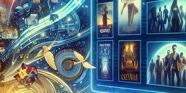 A modern home theater interface displaying diverse movie posters with cozy seating and ambient lighting.