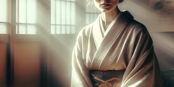 Chikako Aoyama in a serene tatami room, reflecting on family and nostalgia, surrounded by soft light and autumnal elements.