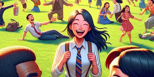 A lively university campus scene with diverse students enjoying comedic interactions, romance, and vibrant Korean cultural elements.