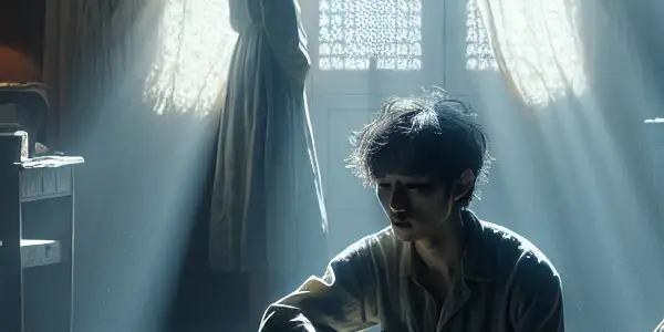 A dimly lit room with a contemplative young man and a hopeful woman by the window, conveying loneliness and emotional connection.