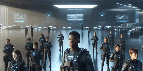 A futuristic battle school scene with diverse young cadets, led by Ender, preparing for conflict against alien Formics.