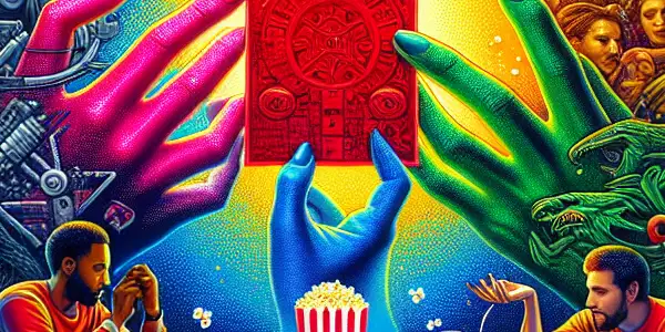 Friends enjoying a movie night, examining a colorful poster featuring iconic elements from classic films.<a href=