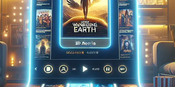 A modern movie streaming interface featuring "流浪地球2," set in a cozy living room with popcorn and warm lighting.