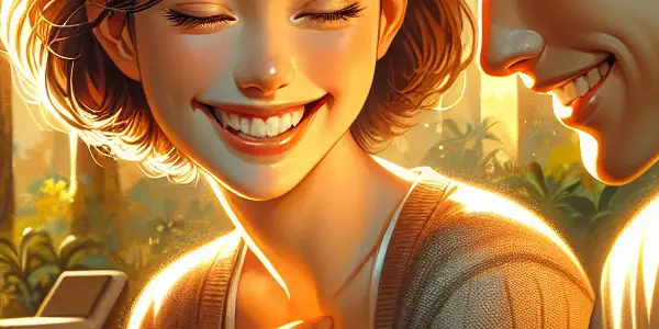 A joyful girl shares a secret with a charming young man by a serene swimming pool.