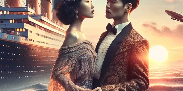 A couple in early 20th-century attire gazes lovingly at each other on a luxurious ocean liner at sunset.