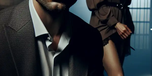 A tense confrontation between two characters in a dimly lit, claustrophobic room filled with shadows and psychological conflict.