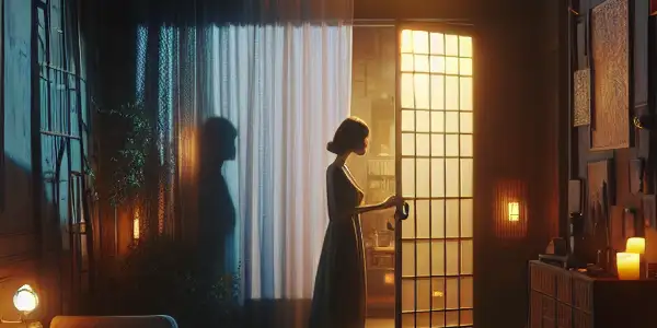 A dimly lit apartment corridor with an ajar door revealing a mysterious young woman and romantic hints.