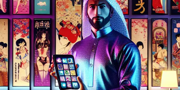 A futuristic room with a person using a sleek device, surrounded by neon lights and artistic adult-themed decor.