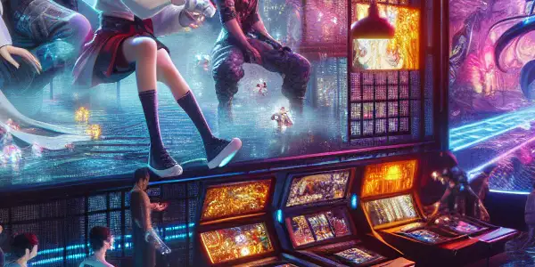 A futuristic gaming lounge with diverse players immersed in a vibrant Japanese AV-themed gaming experience.