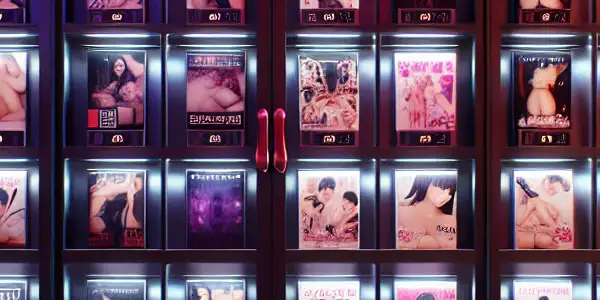 A modern digital storefront showcasing adult entertainment, featuring vibrant movie covers in a warm, intimate atmosphere.