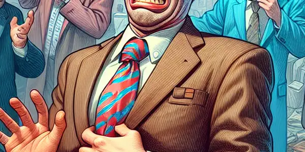 Mr. Bean humorously caught in a chaotic urban scene, featuring exaggerated expressions and whimsical props.