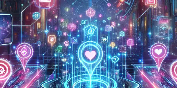 A futuristic digital interface showcasing a high-tech search engine for adult entertainment amid a neon-lit cyberpunk cityscape.