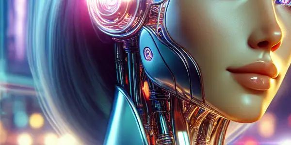 A seductive female robot in a neon-lit, futuristic cityscape, exuding confidence and allure.