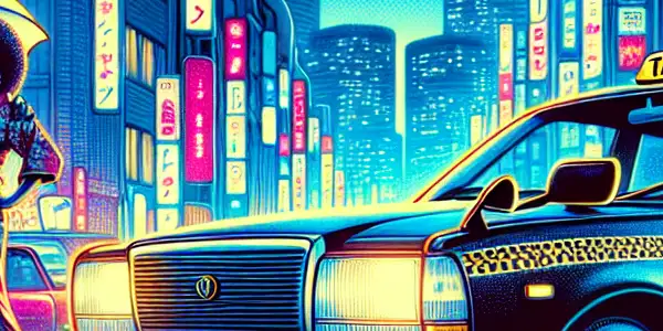 A retro taxi cab in vibrant Tokyo at night, featuring a smiling driver and a playful female passenger.