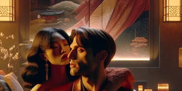 A passionate couple embraces in a dimly lit room, surrounded by elegant decor and an intimate atmosphere.