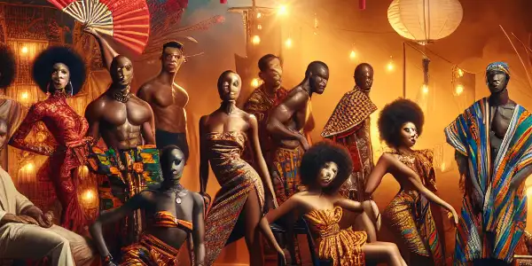 A vibrant film set featuring diverse performers in a fusion of African and Japanese cultural attire, exuding passion and energy.