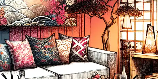 A cozy viewing space with soft lighting, plush sofa, snacks, and abstract artwork promoting safe adult entertainment.