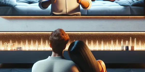 A modern room with a couple learning about contraception from a large screen, surrounded by educational materials.