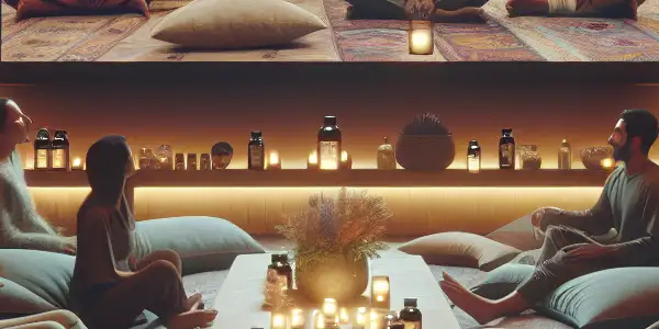 Cozy movie-watching scene with plush cushions, warm lighting, and a stylish coffee table featuring health supplements.