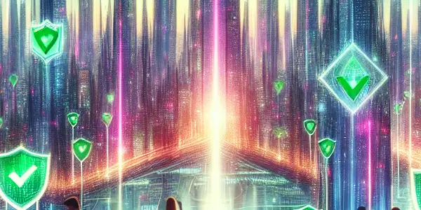 A vibrant futuristic cityscape depicting safe online browsing with happy people using devices surrounded by security symbols.